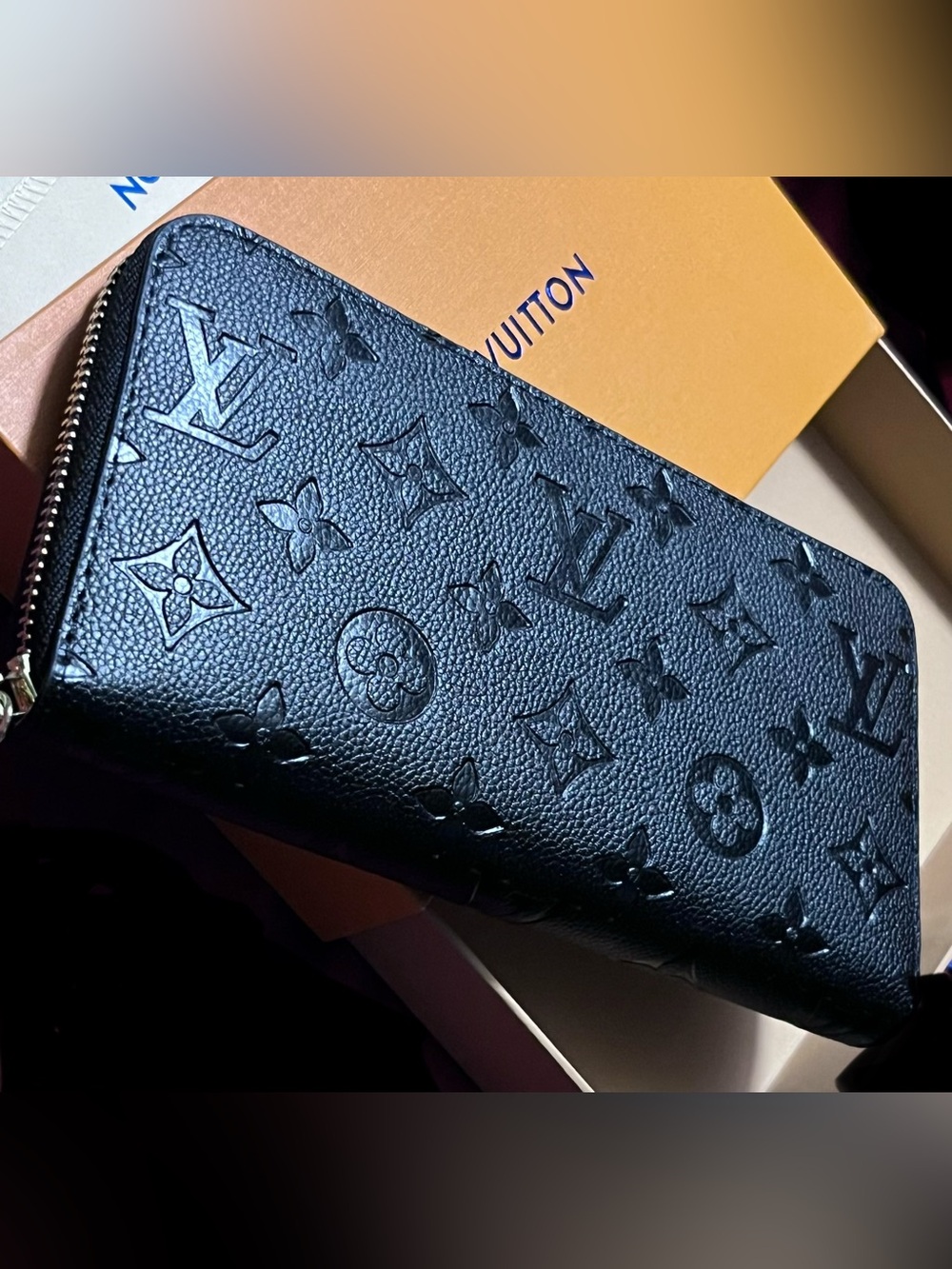 Black Leather LV Zip Clutch with Gold Hardware